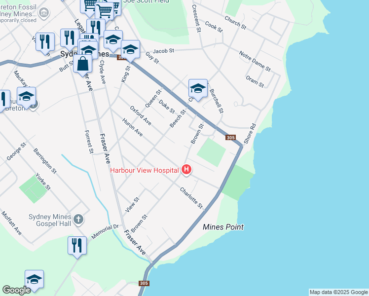 map of restaurants, bars, coffee shops, grocery stores, and more near 20 Brown Street in Sydney Mines