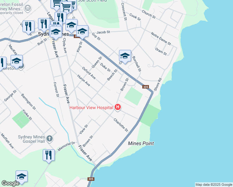 map of restaurants, bars, coffee shops, grocery stores, and more near 20 Brown Street in Sydney Mines
