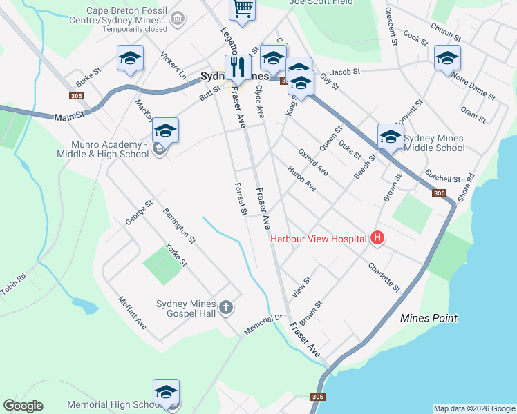 map of restaurants, bars, coffee shops, grocery stores, and more near 70 Fraser Avenue in Sydney Mines