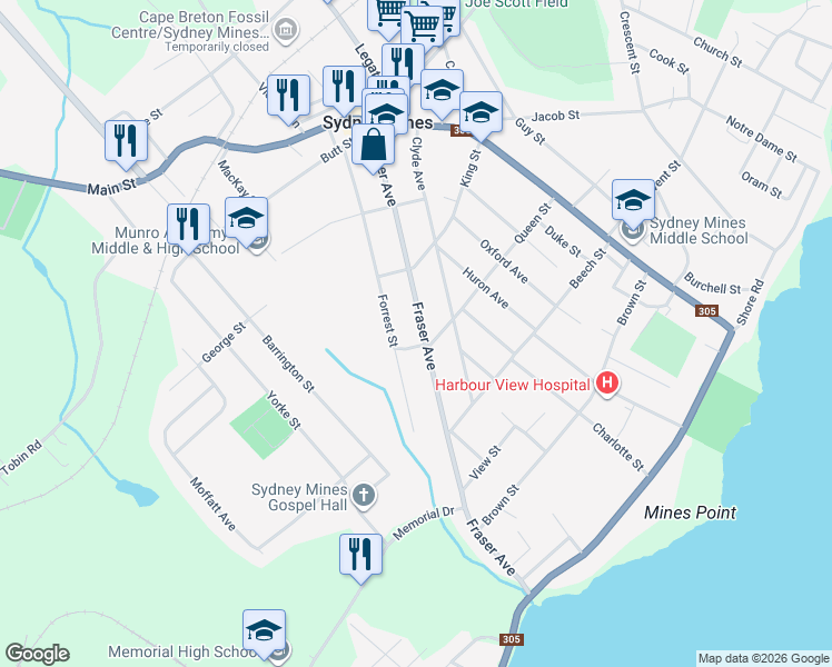 map of restaurants, bars, coffee shops, grocery stores, and more near 70 Fraser Avenue in Sydney Mines