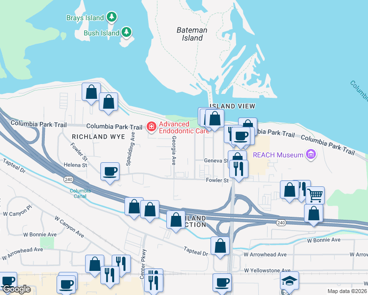 map of restaurants, bars, coffee shops, grocery stores, and more near 1529 Columbia Park Trail in Richland