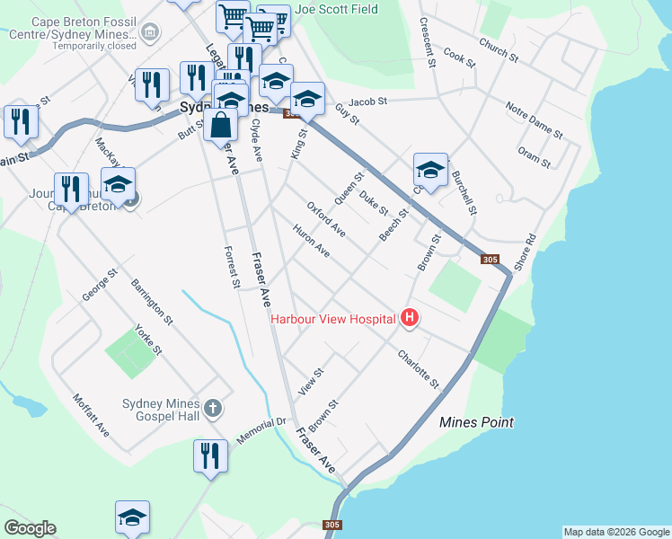 map of restaurants, bars, coffee shops, grocery stores, and more near 26 Huron Avenue in Sydney Mines