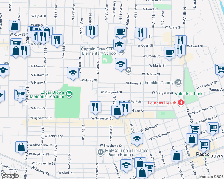 map of restaurants, bars, coffee shops, grocery stores, and more near 1101 West Margaret Street in Pasco