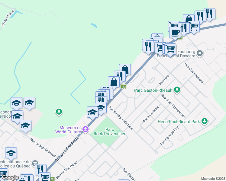 map of restaurants, bars, coffee shops, grocery stores, and more near 1471 Boulevard Louis Fréchette in Nicolet