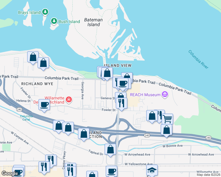 map of restaurants, bars, coffee shops, grocery stores, and more near 1309 Columbia Park Trail in Richland