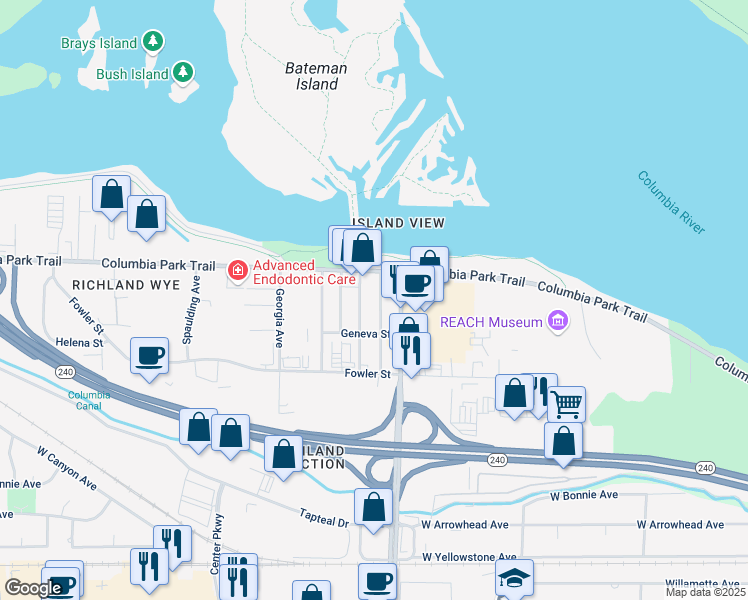 map of restaurants, bars, coffee shops, grocery stores, and more near 1309 Columbia Park Trail in Richland
