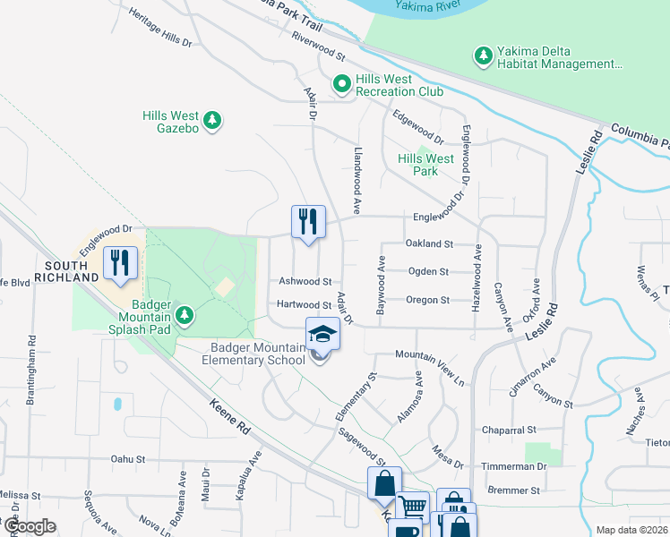 map of restaurants, bars, coffee shops, grocery stores, and more near 1331 Adair Drive in Richland