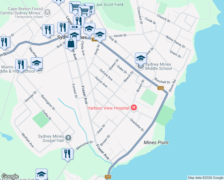 map of restaurants, bars, coffee shops, grocery stores, and more near 38 Oxford Avenue in Sydney Mines