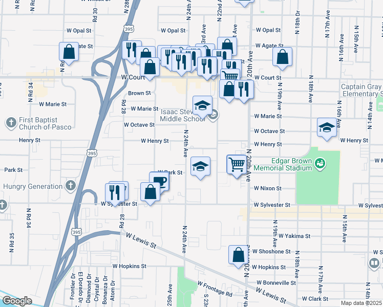 map of restaurants, bars, coffee shops, grocery stores, and more near 1001 North 24th Avenue in Pasco