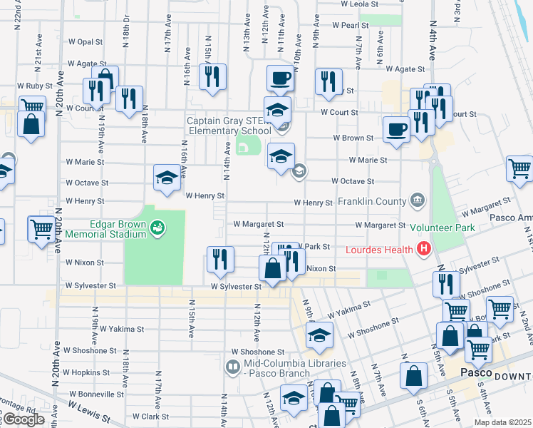 map of restaurants, bars, coffee shops, grocery stores, and more near 1036 West Henry Street in Pasco