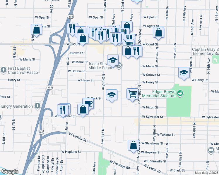 map of restaurants, bars, coffee shops, grocery stores, and more near 2201-2399 West Henry Place in Pasco