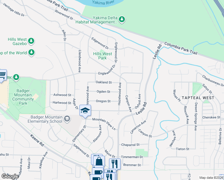 map of restaurants, bars, coffee shops, grocery stores, and more near 115 Oakland Street in Richland