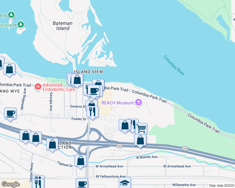 map of restaurants, bars, coffee shops, grocery stores, and more near 1776 Columbia Park Trail in Richland