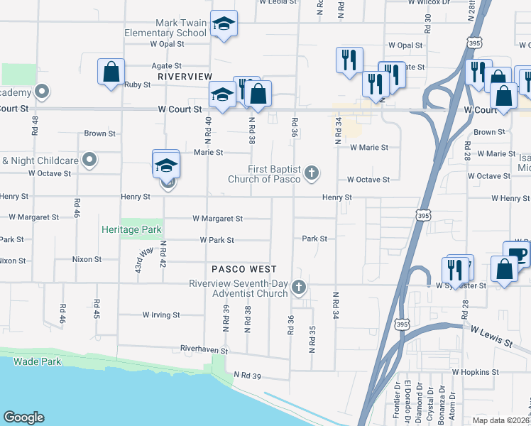 map of restaurants, bars, coffee shops, grocery stores, and more near 3707 West Margaret Street in Pasco