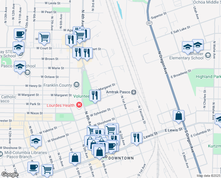 map of restaurants, bars, coffee shops, grocery stores, and more near 212 W Margaret St in Pasco