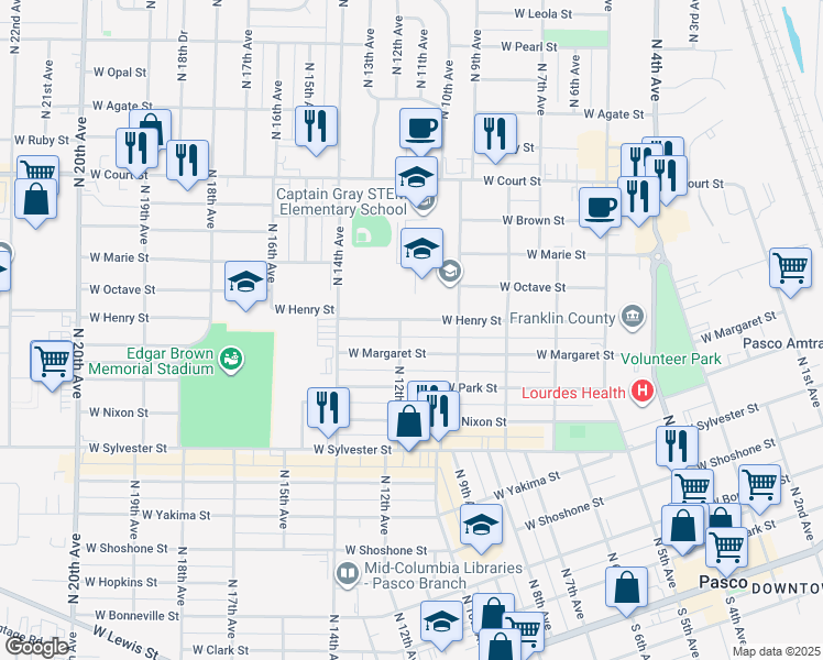 map of restaurants, bars, coffee shops, grocery stores, and more near 1036 West Henry Street in Pasco
