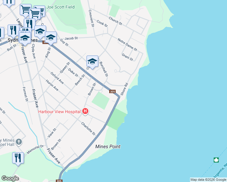 map of restaurants, bars, coffee shops, grocery stores, and more near 526 Main Street in Sydney Mines