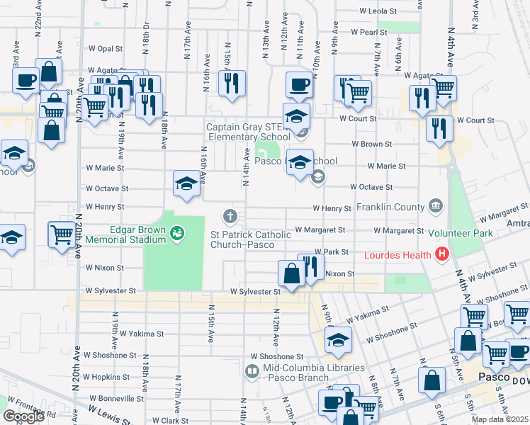 map of restaurants, bars, coffee shops, grocery stores, and more near 1120 West Henry Street in Pasco