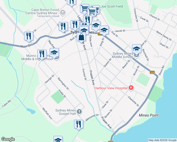 map of restaurants, bars, coffee shops, grocery stores, and more near 51 Fraser Avenue in Sydney Mines