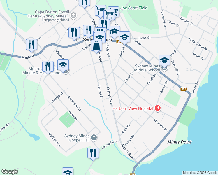 map of restaurants, bars, coffee shops, grocery stores, and more near 51 Fraser Avenue in Sydney Mines