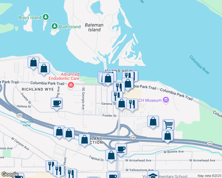 map of restaurants, bars, coffee shops, grocery stores, and more near 1309 Columbia Park Trail in Richland