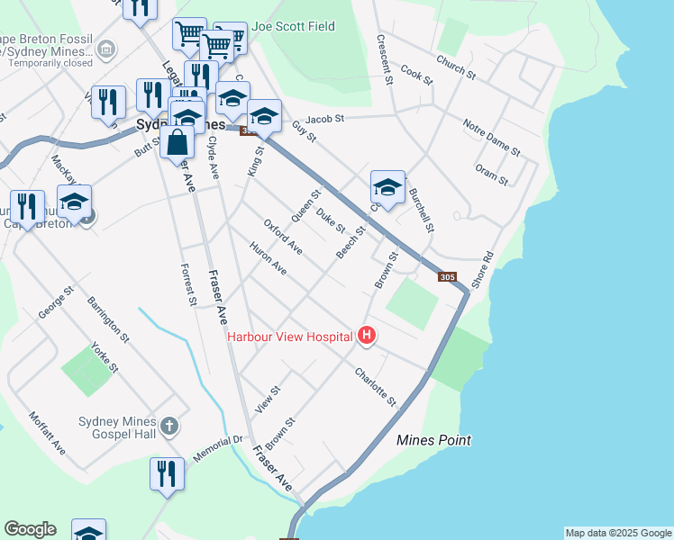 map of restaurants, bars, coffee shops, grocery stores, and more near 17 Beech Street in Sydney Mines
