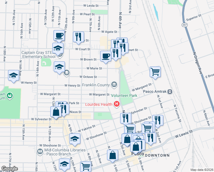 map of restaurants, bars, coffee shops, grocery stores, and more near 500 West Henry Street in Pasco