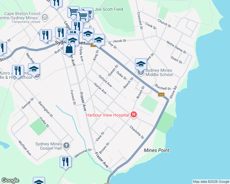 map of restaurants, bars, coffee shops, grocery stores, and more near 38 Oxford Avenue in Sydney Mines