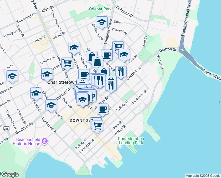 map of restaurants, bars, coffee shops, grocery stores, and more near 131 Hillsborough Street in Charlottetown