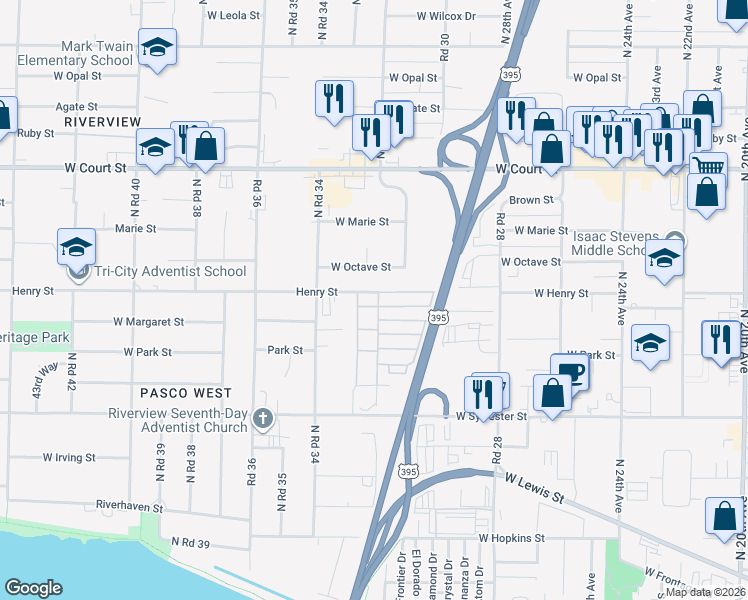 map of restaurants, bars, coffee shops, grocery stores, and more near 700 North Road 32 in Pasco
