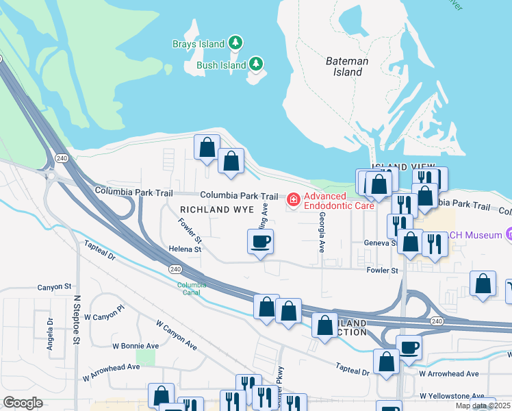 map of restaurants, bars, coffee shops, grocery stores, and more near 1333 Columbia Park Trail in Richland