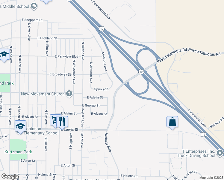 map of restaurants, bars, coffee shops, grocery stores, and more near East Lewis Street in Pasco