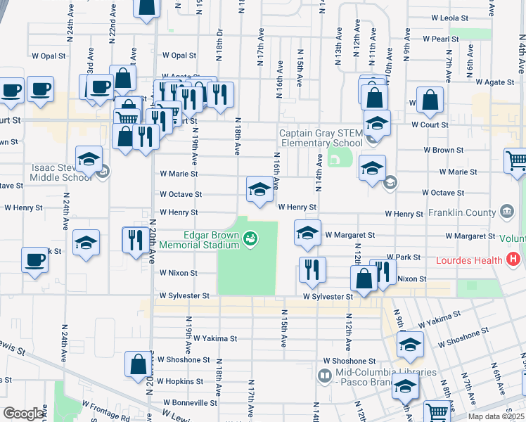 map of restaurants, bars, coffee shops, grocery stores, and more near 1616 West Octave Street in Pasco