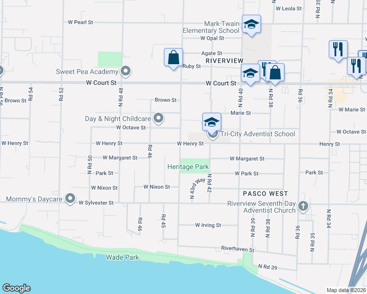 map of restaurants, bars, coffee shops, grocery stores, and more near 4212 West Henry Street in Pasco