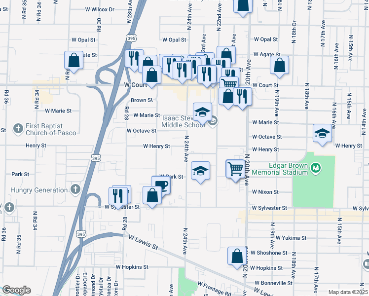 map of restaurants, bars, coffee shops, grocery stores, and more near 1025 North 24th Avenue in Pasco