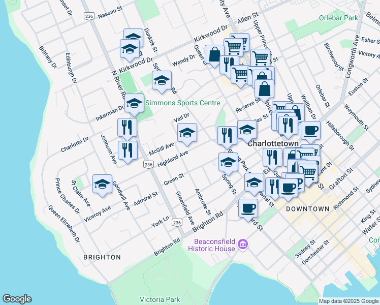 map of restaurants, bars, coffee shops, grocery stores, and more near 74 Highland Avenue in Charlottetown