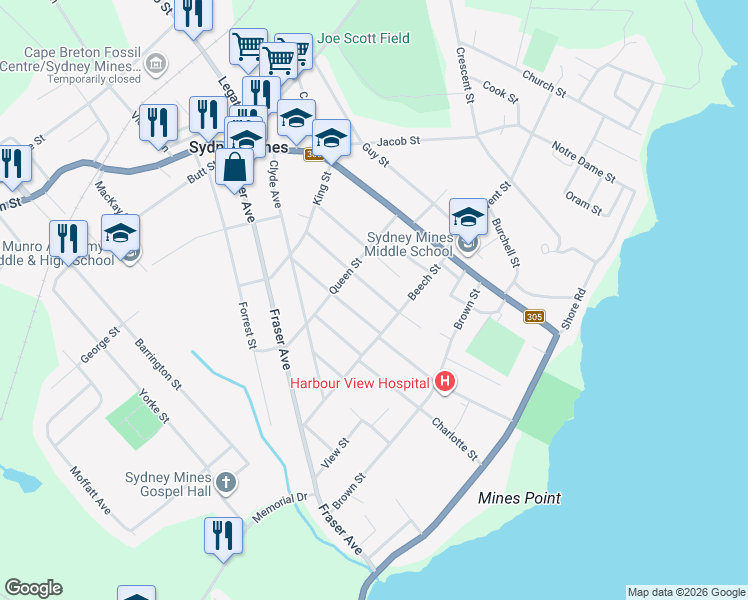 map of restaurants, bars, coffee shops, grocery stores, and more near 34 Oxford Avenue in Sydney Mines