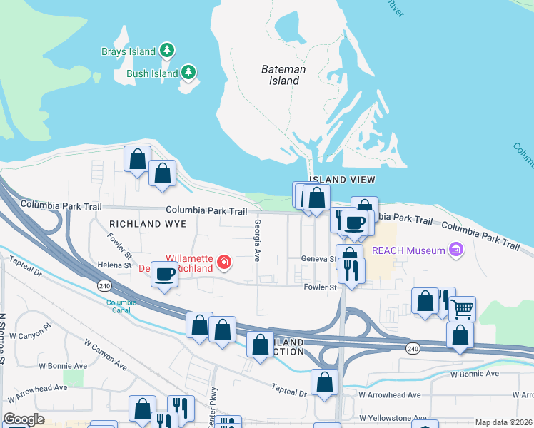 map of restaurants, bars, coffee shops, grocery stores, and more near 1529 Columbia Park Trail in Richland