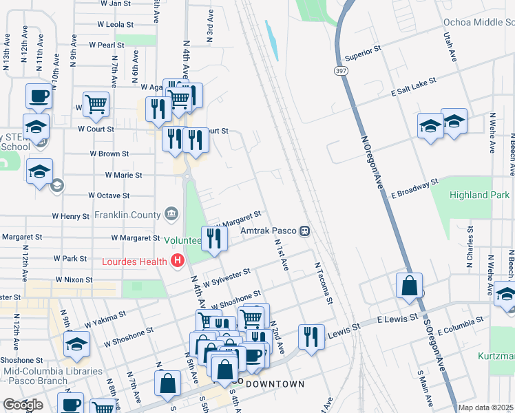 map of restaurants, bars, coffee shops, grocery stores, and more near 212 West Margaret Street in Pasco