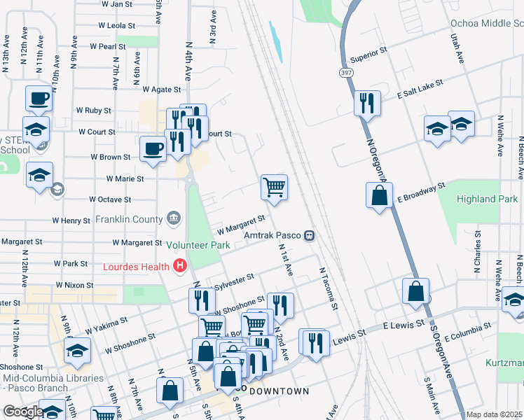 map of restaurants, bars, coffee shops, grocery stores, and more near 212 West Margaret Street in Pasco