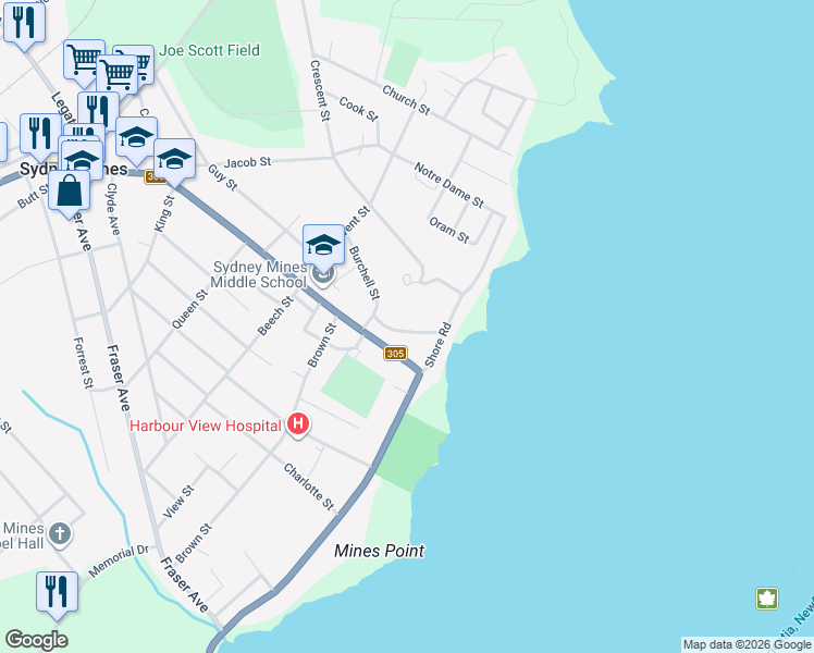 map of restaurants, bars, coffee shops, grocery stores, and more near 33 Burchell Street in Sydney Mines