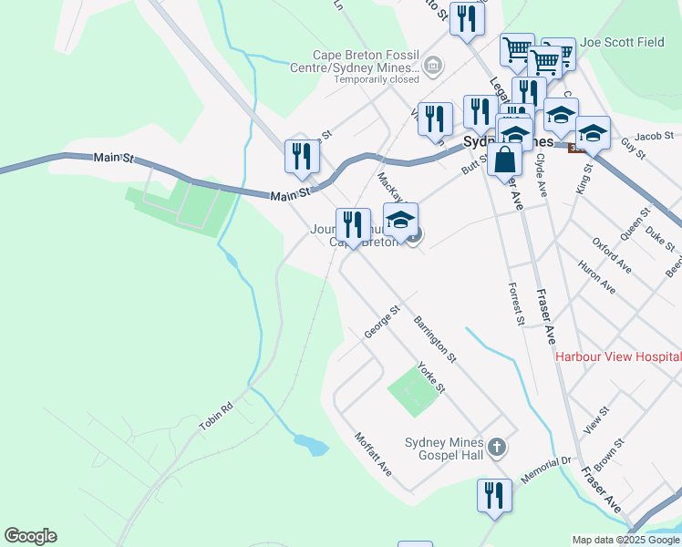 map of restaurants, bars, coffee shops, grocery stores, and more near 76 Yorke Street in Sydney Mines