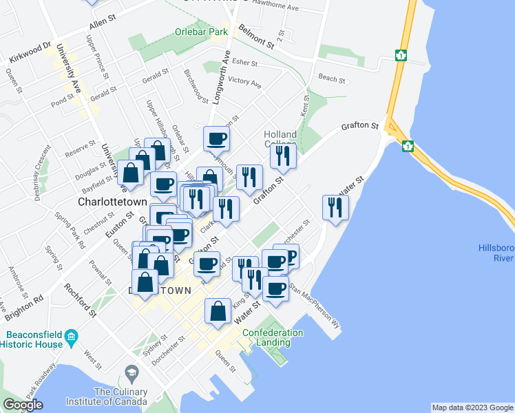map of restaurants, bars, coffee shops, grocery stores, and more near 266 Grafton Street in Charlottetown
