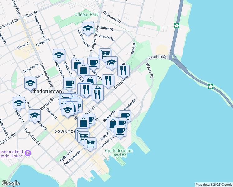 map of restaurants, bars, coffee shops, grocery stores, and more near 92 Weymouth Street in Charlottetown