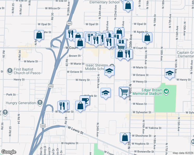 map of restaurants, bars, coffee shops, grocery stores, and more near 1025 North 24th Avenue in Pasco