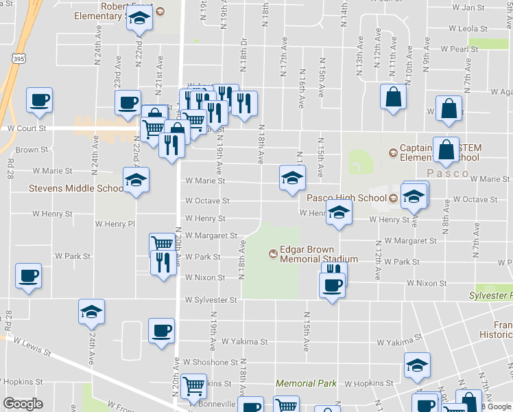 map of restaurants, bars, coffee shops, grocery stores, and more near 1704 West Octave Street in Pasco