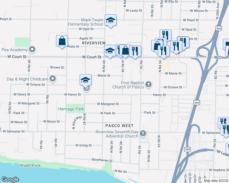 map of restaurants, bars, coffee shops, grocery stores, and more near 3820 W Henry St in Pasco