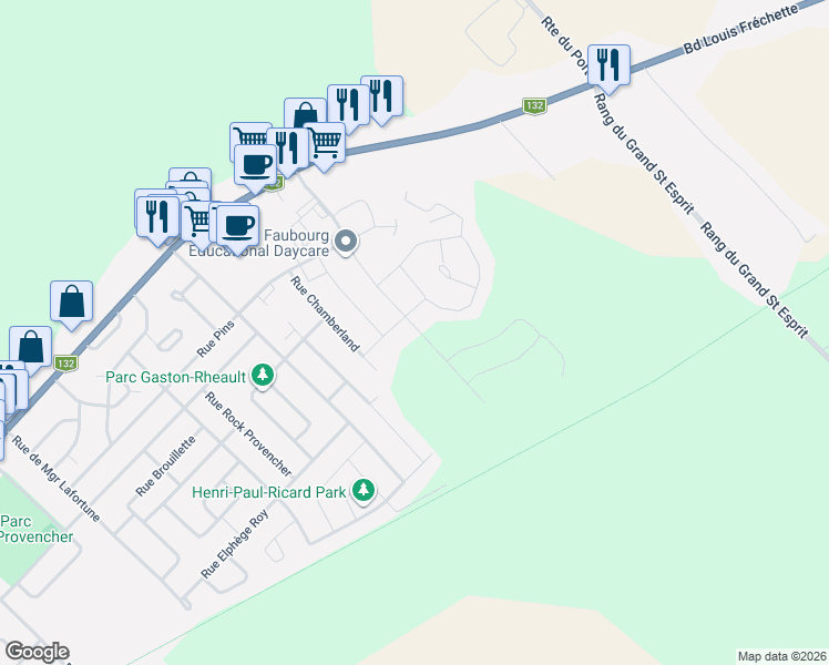 map of restaurants, bars, coffee shops, grocery stores, and more near 568 Rue du Faubourg in Nicolet