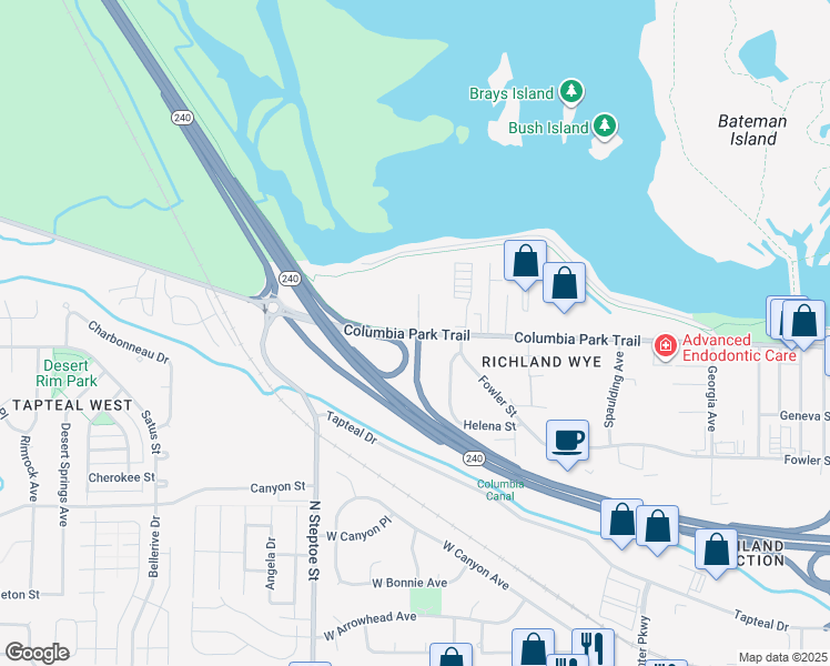 map of restaurants, bars, coffee shops, grocery stores, and more near 1038 Columbia Park Trail in Richland