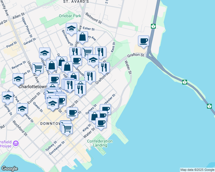 map of restaurants, bars, coffee shops, grocery stores, and more near 315 Richmond Street in Charlottetown